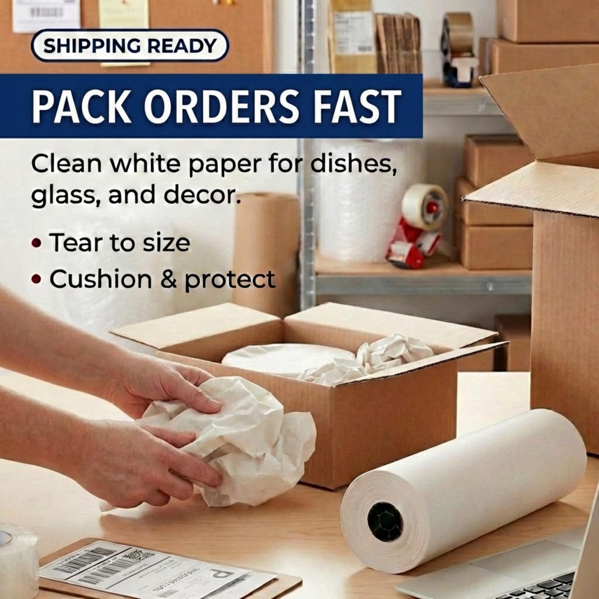 BOX USA Packing Paper Roll 1440'L x 18"W - 1,000 Sheets 17” Long Equivalent - Large White Newsprint for Shipping, Packaging, Storage and Moving Supplies - Image 4