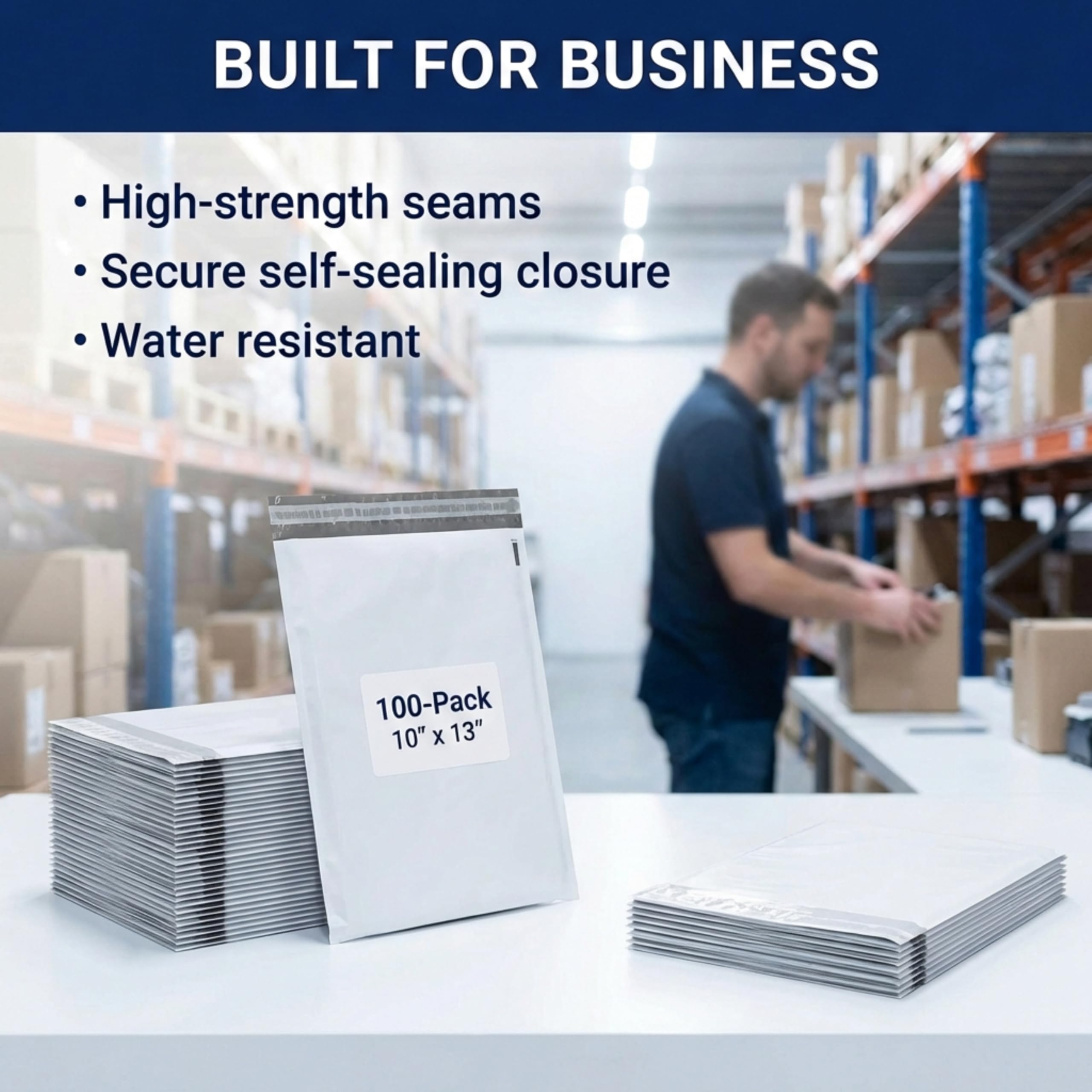 BOX USA Shipping Bags 10" x 13" (100-Pack) White - Heavy Duty Self-Adhesive Envelope Poly Mailers for Packing, Secure Shipping, & Small Business Mailing - Image 3