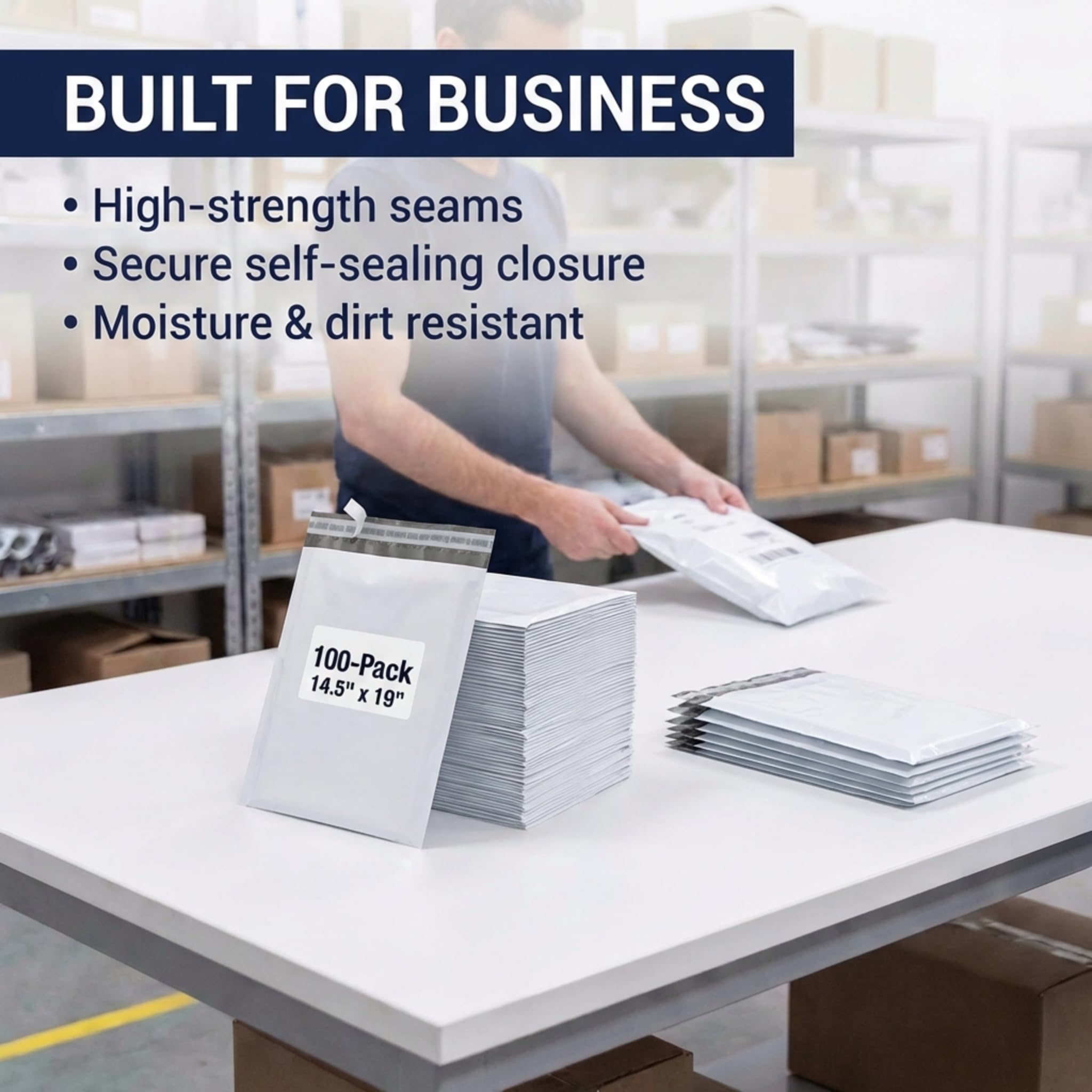 Box USA Shipping Bags 14½" x 19" (100-Pack) White - Large Heavy Duty Self-Adhesive Envelope Poly Mailers for Packing, Secure Shipping, & Small Business Mailing - Image 3